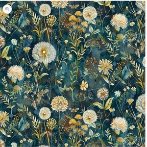 May include: A detailed floral pattern featuring dandelions, daisies, and other wildflowers in shades of cream, yellow, and green against a dark teal background. The design includes various leaf shapes and seed heads, creating a textured, botanical aesthetic.