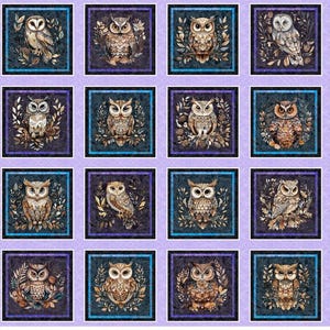 Quilting  Treasures fabrics Night Owls by Dan Morris Black,Purple,Blue Owl Patch Panel, Quilting,Crafts