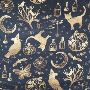 Halloween Icons Gold Metallic on Black Cotton Quilting Fabric 100% cotton for clothing ,crafts and quilting by the yard