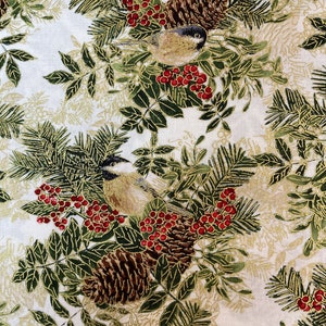 Holiday Spice birds and Pine cones ,Christmas Metallic Fabric 100% cotton for clothing ,crafts and quilting , B.T.Y.,1/2
