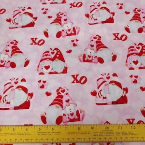 Gnomes in Love Pink Cotton Fabric by Shelly Comiskey