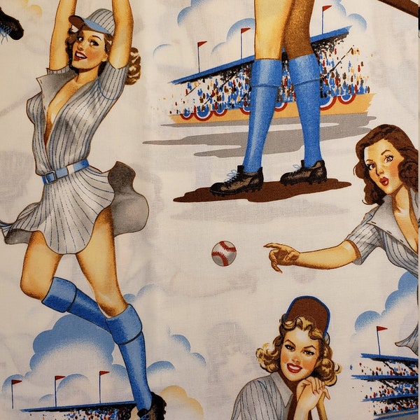 Alexander Henry Retro Baseball Swingers League of Her Own Print Quilting Cotton Fabric for clothing ,crafts and quilting ,bty 1/2,1/4