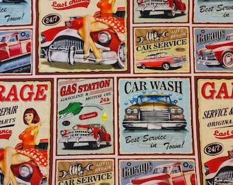 Vintage Style Garage Signs Cotton Fabric: Novelty Car Print