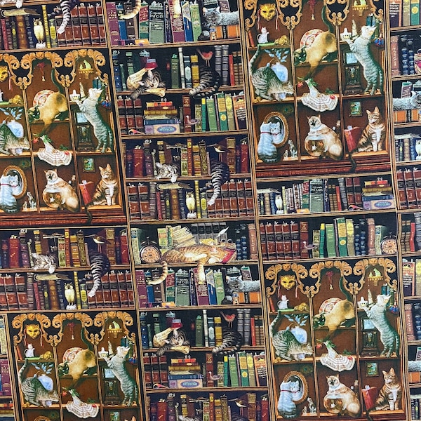 Cat tales-cats library Northcott 100% cotton fabric for clothing ,crafts and quilting ,B.T.Y. 3/4,1/2,1/4,fat quarter
