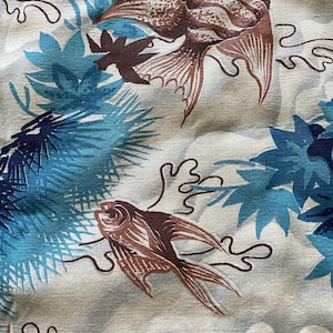 Tropical Fish Fabric Remnant: Blue Brown Cotton Quilting (32” x 9”)