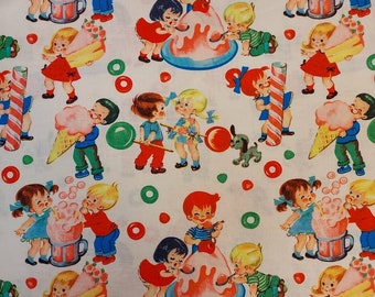 May include: White fabric with a repeating pattern of children, ice cream, and candy. The children are depicted in various poses, some holding ice cream cones, others around a large sundae. Red, green, and blue accents are scattered throughout the design.