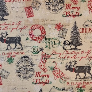 Rustic Santa Claus Farms fabric 100% Cotton Quilting Antique | Vintage | Reindeer B.T.Y. 1/2 1/4, fat quarter