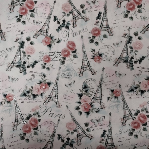 Shimmering Silver Eiffel Tower and Paris Roses Premium Fabric  100% cotton for clothing ,crafts and quilting.B.T.Y. 3/4,1/2,1/4 ,fat quarter