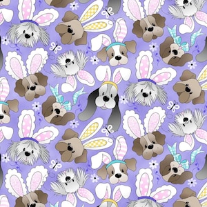 Wielkanocne psy – tkanina: uszy królika na fioletowej bawełnie, pikowanie i rękodzieło
