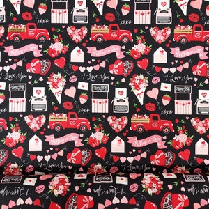 Red Trucks Valentine&#39;s Day Fabric: Novelty Hearts Cotton
