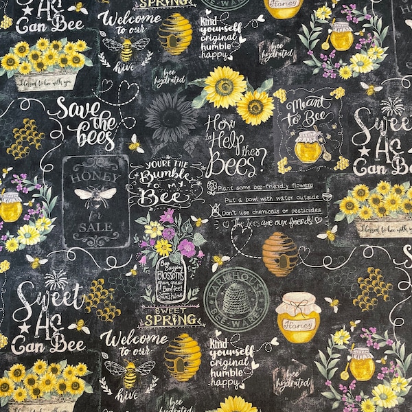 Hi Fashion spring Bee words on Black Fabric by the yard 100% cotton for clothing ,crafts and quilting B.T.Y. 1/2