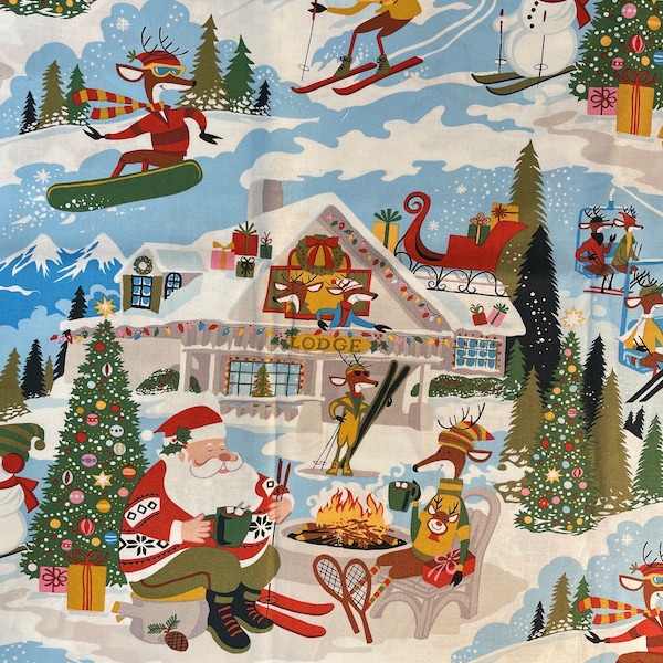 Alexander Henry blue Santa at Yuletide Lodge Christmas 2022 print 100% Baumwolle für Bekleidung, Basteln und Quilten,B.T.Y. und 1/2 yd.