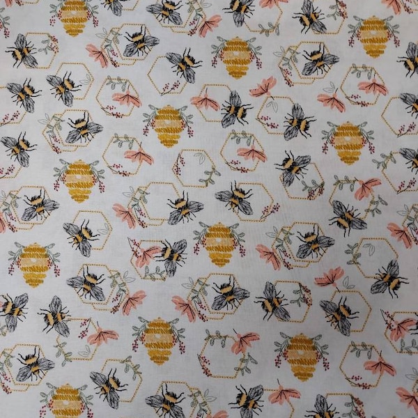 Embroidered Bees,BEST SELLER, Garden Bees,Bee Hives, Bumble Bees 100% cotton for clothing ,crafts and quilting B.T.Y.3/4,1/2,1/4 fat quarter