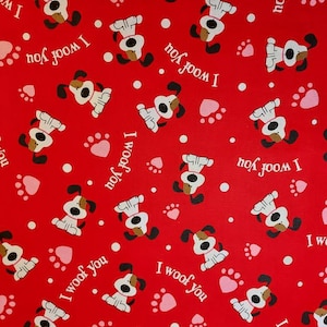 Red Valentine Puppy Quilt Cotton Fabric: &#39;I Woof You&#39; Print