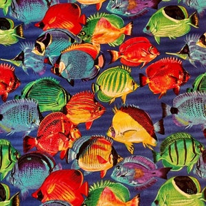 Light blue fish&#39;s Premium  Fabric  100% cotton for clothing ,crafts and quilting , red,green,orange and yellow bty 1/4 1/2 3/4