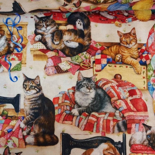 Sewing buddies curious cats  Fabric 100% cotton for clothing ,crafts and quilting by the yard