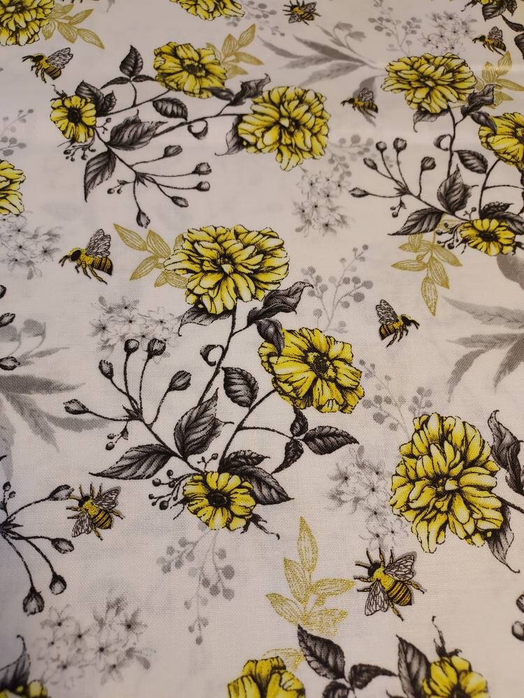Queen Bee Floral Cotton Fabric: White & Metallic Gold