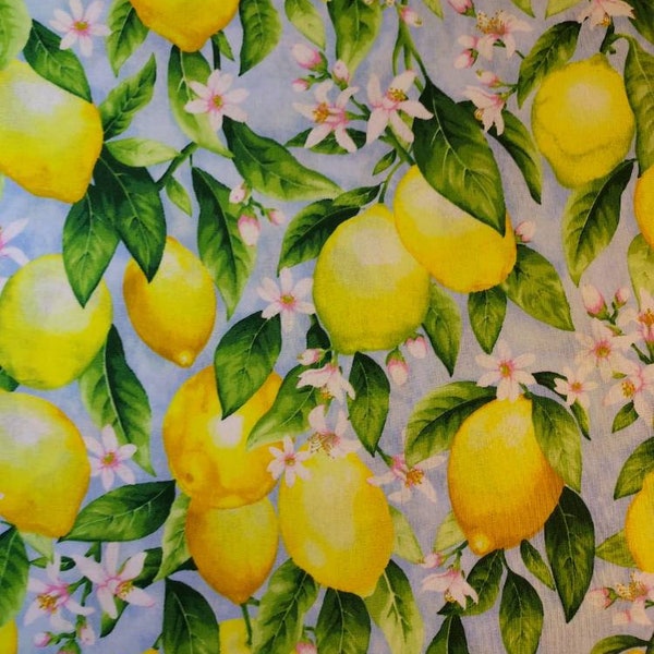 Lemons and Floral on light blue  Premium Cotton Fabric  by the yard 100% cotton for clothing ,crafts and quilting