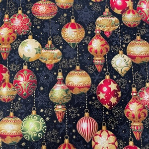 Metallic Christmas Fabric: Robert Kaufman Black Ornaments - Quilting Cotton