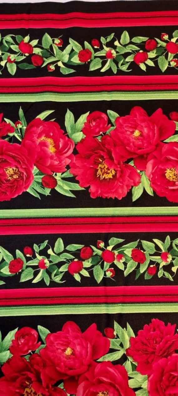 Rose rosse e strisce su stampa nera Tessuto premium 100 cotone