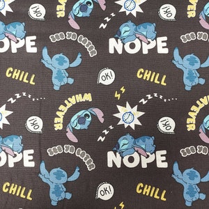 May include: A dark gray fabric with a repeating pattern of a blue cartoon character, a star with a clock face, and text that says "Whatever", "See ya later", "Nope", "Chill", and "Ok!"