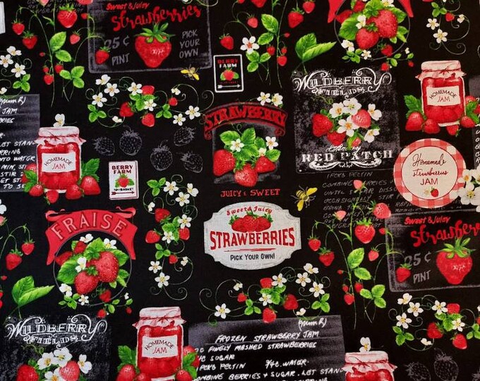 Timeless Treasures Strawberry Fields Farm Signage Black Premium Cotton ...