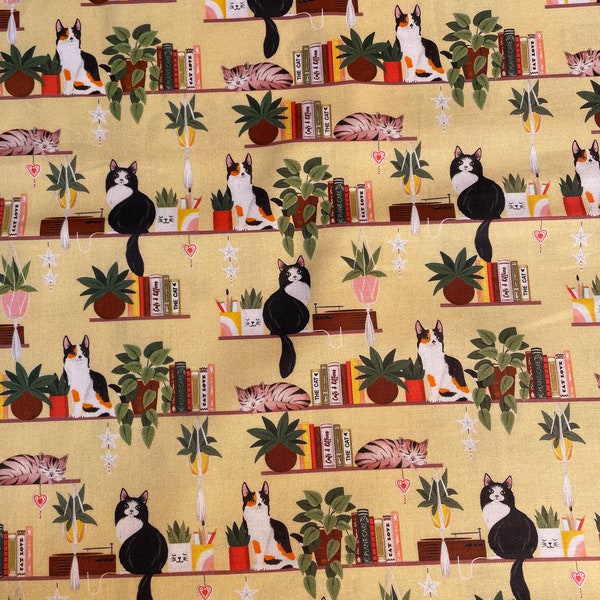 Meko Cats on shelves Tan Fabric by the yard 100% cotton for clothing ,crafts and quilting ,B.T.Y. 1/2,1/4,fat quarter