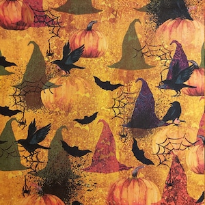 Halloween Fabric: Witches Hats & Pumpkins, 100% Cotton Remnant (25&quot;)