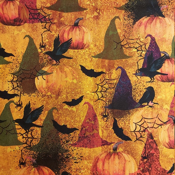 witches hats and pumpkins Halloween  Fabric by the yard 100% cotton for clothing ,crafts and quilting ,bty 1/4 1/2 3/4