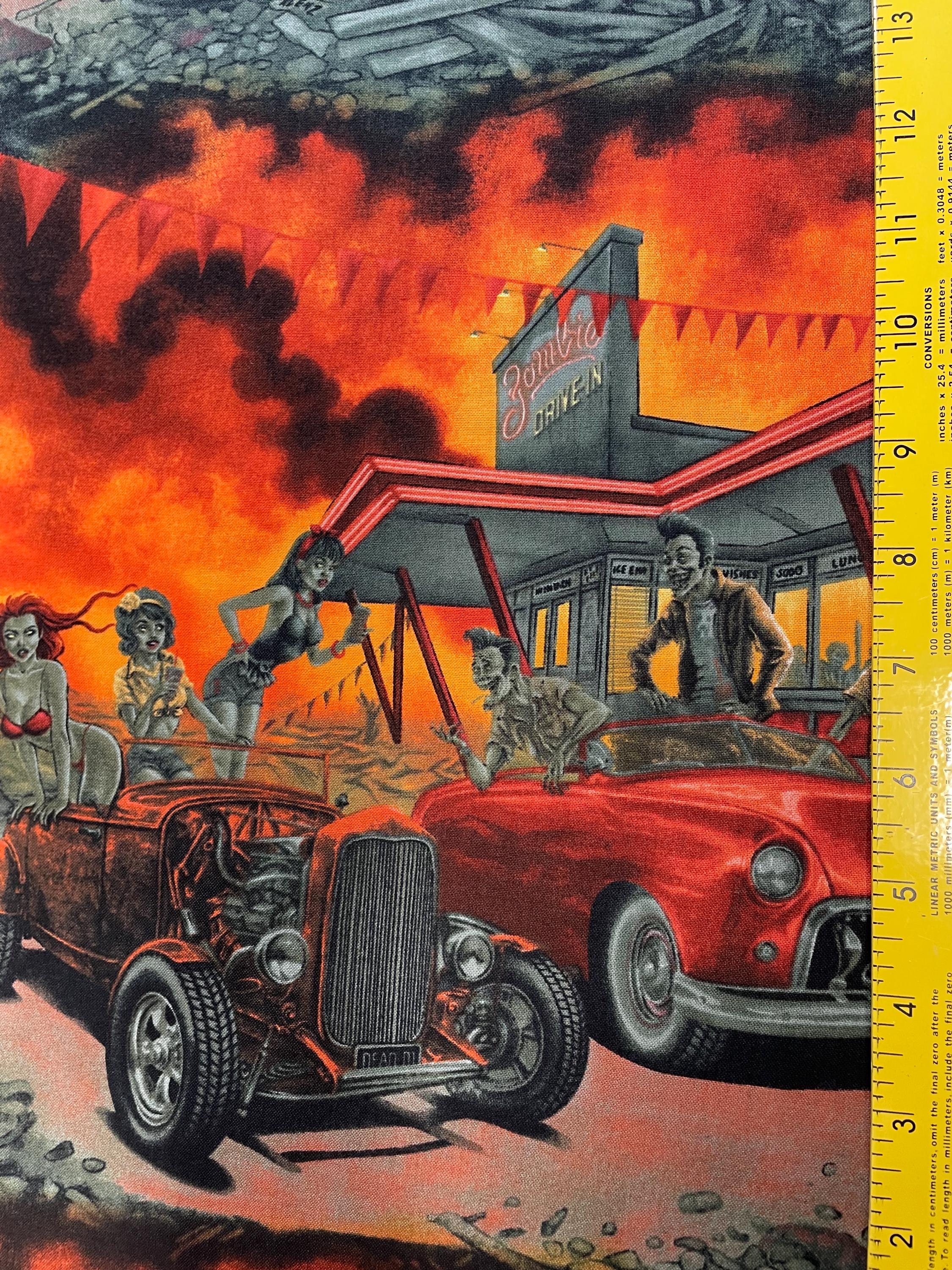 Zombie Drive-in Fabric, Alexander Henry Nicole's Prints, Spooky