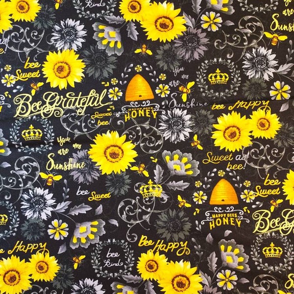 Bee words and hives on black Premium Cotton Fabric  by the yard 100% cotton for clothing ,crafts and quilting,B.T.Y.,3/4,1/2.1/4,fat quarter