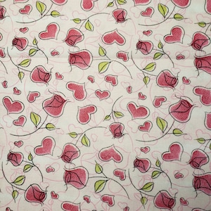 Pink Hearts and Roses Fabric: 100% Cotton Quilting Material