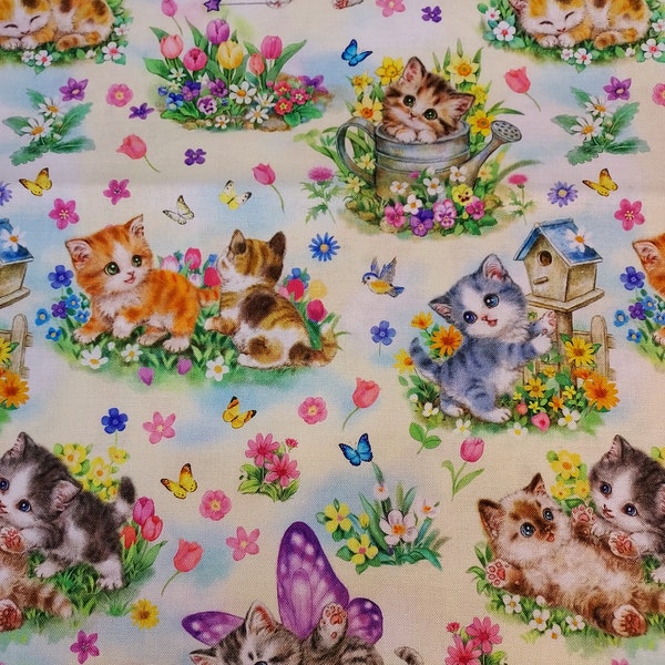 Kittens with wings in the Garden novelty Fabric 100% cotton for clothing ,crafts and quilting by the yard,3/4,1/2,1/4,fat quarter