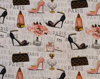 Paris Fashion Cotton Fabric: Glam Couture Stiletto Heels Flowers