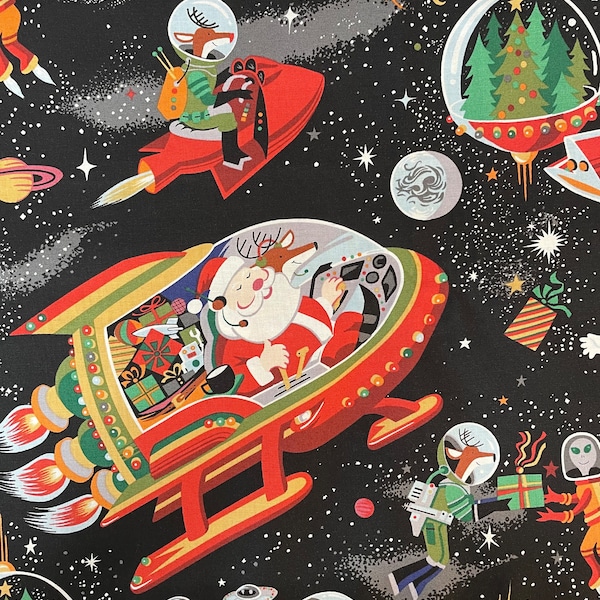 Christmas Alexander Henry Santa Astronaut Travel With Space Shuttle black 100% cotton,2017,clothing ,crafts and quilting,B.T.Y. and 1/2 yd.