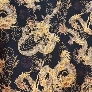 Asian Influence Golden Dragon on Black Fabric 100% Cotton for Clothing ...