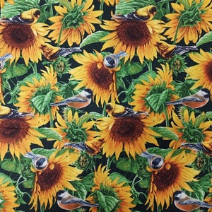Chickadees and canaries on sunflower on black Premium Fabric  by the yard 100% cotton for clothing ,crafts and quilting B,T,Y,3/4,1/2,1/4,FQ