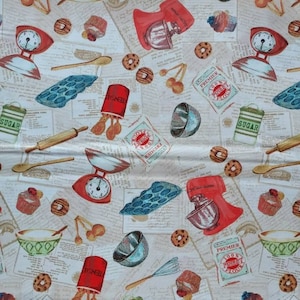 May include: A white background with a repeating pattern of kitchen baking items. The pattern includes red and silver kitchen scales, red stand mixers, blue muffin tins, wooden rolling pins, wooden spoons, bowls, and bags of flour. The text "Premier 100% Finest Flour" is repeated throughout the pattern.