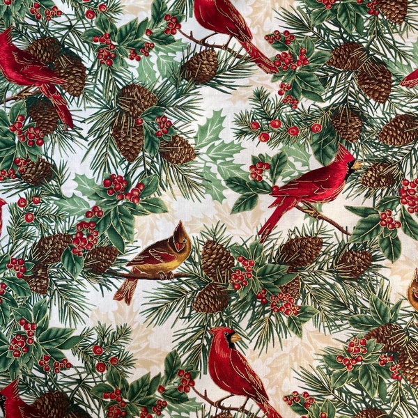 Cardinal Birds and pine cones white Metallic 100% cotton for clothing ,crafts and quilting ,bty