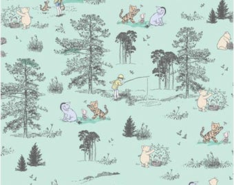 May include: A light blue fabric with a repeating pattern of Winnie the Pooh characters in a forest setting. The characters include Winnie the Pooh, Piglet, Tigger, and Eeyore. The fabric is perfect for quilting, sewing, and crafting.