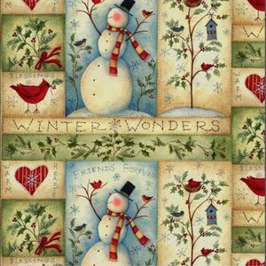 Tela navideña de Susan Winget: Muñecos de nieve y amigos, algodón acolchado