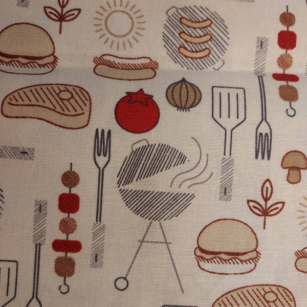 Cookout time on tan unplug novelty Fabric by the yard 100% cotton for clothing ,crafts and quilting , bty 1/4 1/2 3/4