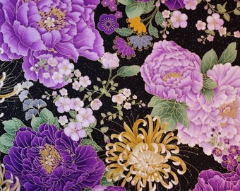 Japanese Purple Floral Large w/Metallic Timeless Treasures by the yard 100% cotton for clothing ,crafts and quilting ,B.T.Y.1/4 1/2 3/4,fqt