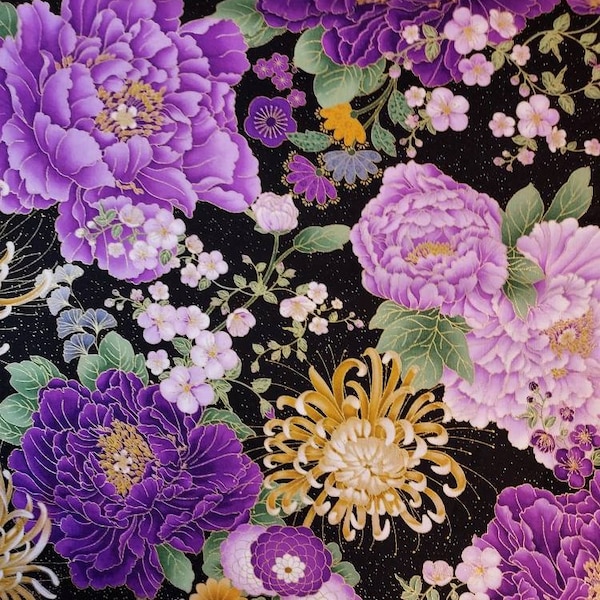 Japanese Purple Floral Large w/Metallic Timeless Treasures by the yard 100% cotton for clothing ,crafts and quilting ,B.T.Y.1/4 1/2 3/4,fqt