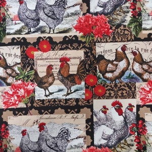 May include: A black and brown fabric with a repeating pattern of roosters and hens. The roosters and hens are drawn in a vintage style and are surrounded by red flowers and brown vines. The fabric also features vintage-looking postage stamps with text that reads "Providence R.I. Sept. 3" and "M.J. Wright Wholesale Produce Eggs Cheese Turkey Fow Chicken".