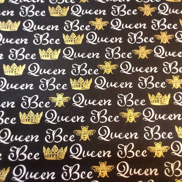 Queen Bee words Metallic on black Premium Fabric  by the yard 100% cotton for clothing ,crafts and quilting