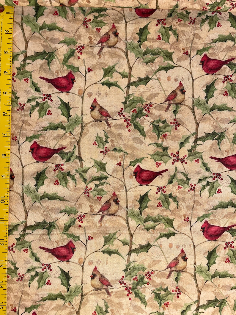 Red Cardinal Cotton Fabric: Holly Vine Print, Quilting & Crafts - Etsy