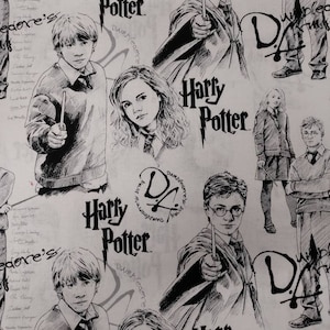 May include: Black and white fabric with a repeating pattern of Harry Potter characters and the words "Harry Potter" and "Dumbledore's Army".