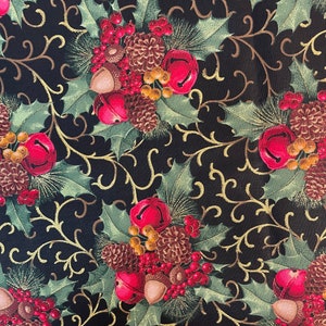 Black Christmas Cotton Fabric: Metallic Berry, Pine Cone & Bells