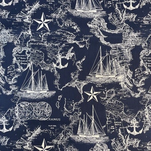 Mapa náutico de la marina con barcos Tejido cortado a medida 100% algodón para confección, manualidades y acolchados, B.T.Y.3/4, 1/2, 1/4, fat quarter